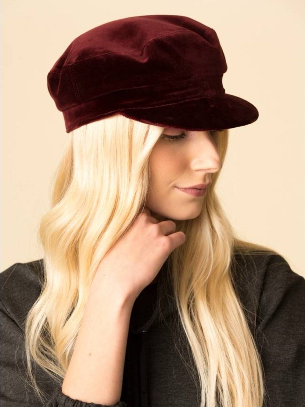 Kendall & Kylie Burgundy Velvet Newsboy Cap